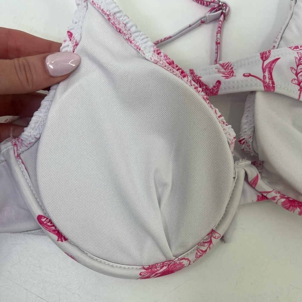 Pink and White Butterfly Print Smocked Two Piece Bikini Underwire Top L Large - Picture 4 of 8